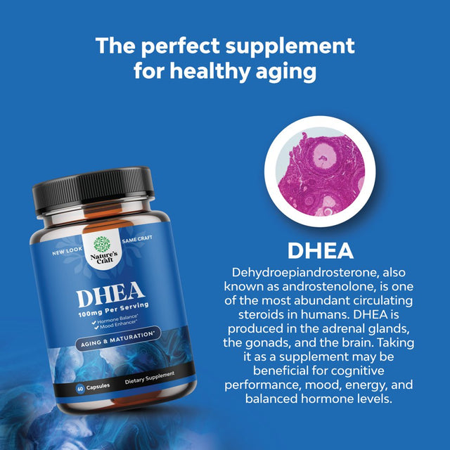 Pure DHEA Supplement for Women and Men - 100Mg per Serving Thyroid Support Health Immune Support Bone Health and Mood Support Supplement - DHEA Energy Supplement and Potent Supplement