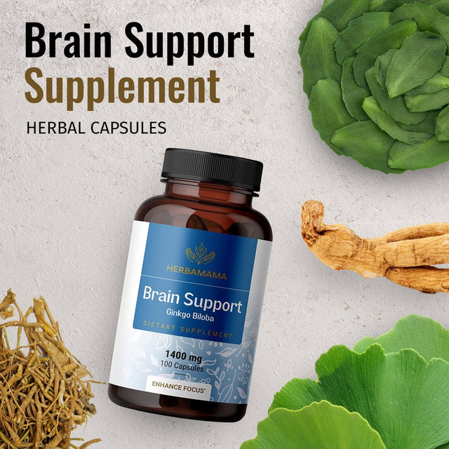 HERBAMAMA Brain Support 100 Caps- Memory & Focus Supplement- Ginkgo Biloba, Ginseng, Bacopa