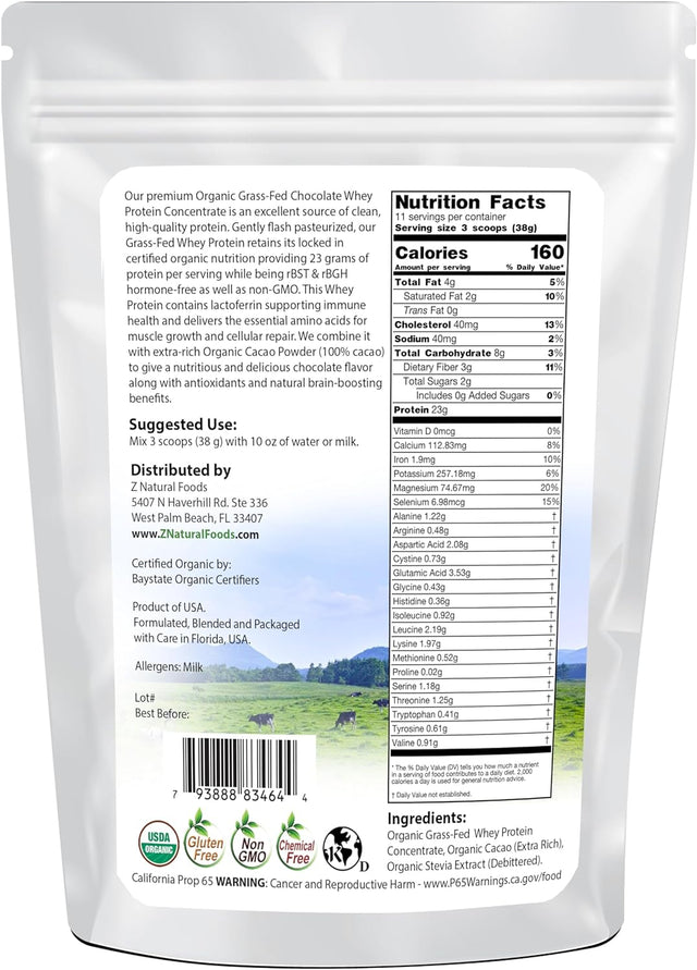 Organic Chocolate Whey Protein Powder Concentrate - Grass Fed & Raised in USA - Non GMO, Gluten Free & Undenatured - No Sugar Added, Sweetened with Stevia - No Hormones or Antibiotics - 1 Lbs