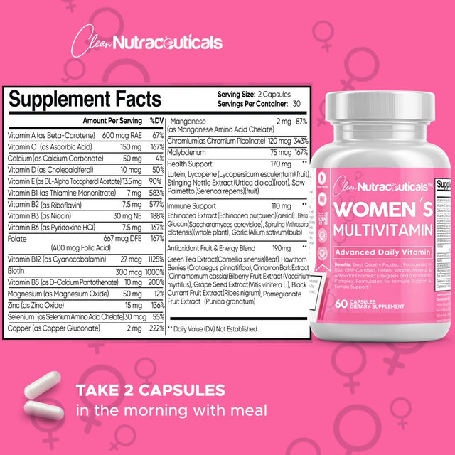 Clean Nutraceuticals Multivitamin for Women, Daily Vitamins, 60 Capsules, 1 Pack