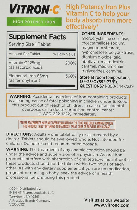 Vitron-C High Potency Iron with Vitamin C Supplement, 60 Ct, 2 Pack