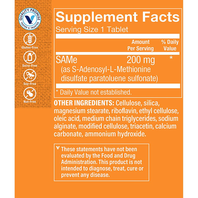 Sam-E 200Mg - Supports Mood, Joint, Liver & Brain Function, Once Daily Dietary Supplement - Same (S-ADENOSYL-L-METHIONINE) (50 Enteric Coated Tablets) by the Vitamin Shoppe