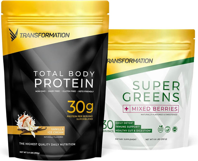 Transformation Vanilla Premium Protein Powder + Super Greens Immune Boosting Combo Pack- Energy, Gut Health, Detox & Diet Support- 30G Multi-Protein Superblend & 1 Full Serving Vitamins & Vegetables