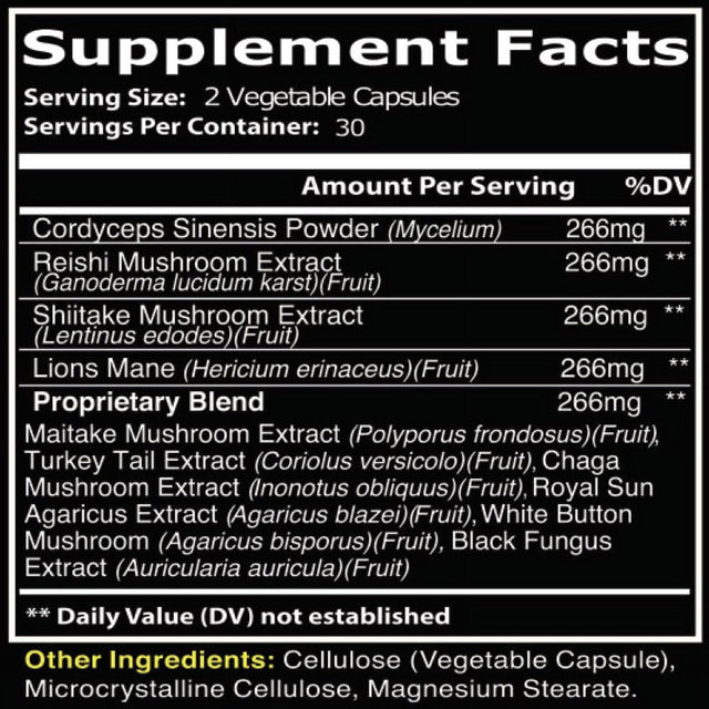 Mushroom Complex Capsules, 10In1 Nootropic Mushrooms with Lion'S Mane, Cordyceps, Reishi, Maitake, Chaga, Turkey Tail, Shiitake Mushroom Supplements for Memory, Focus, Immune Support, Vegan, 60 Ct.