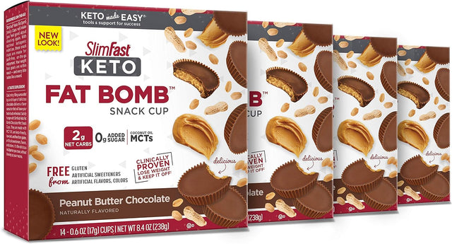 Slimfast Low Carb Chocolate Snacks, Keto Friendly for Weight Loss with 0G Added Sugar & 3G Fiber, Peanut Butter Chocolate, 14 Count Box (Pack of 4) (Packaging May Vary)