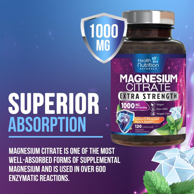 Magnesium Citrate Capsules 1000Mg - Max Absorption Magnesium Powder Capsules for Muscle, Nerve, Bone and Heart Health Support, High Absorption Citrate Complex, Gluten Free, Non-Gmo - 120 Capsules