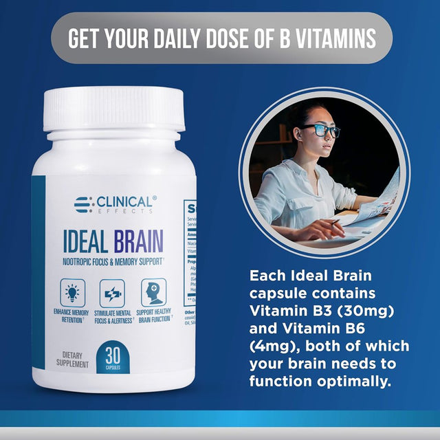 Clinical Effects Ideal Brain - Dietary Supplement for Nootropic Focus and Memory Support - 30 Capsules - B Vitamins, GABA, Alpha-Gpc - Helps Support Mental Focus, and Optimal Brain Function