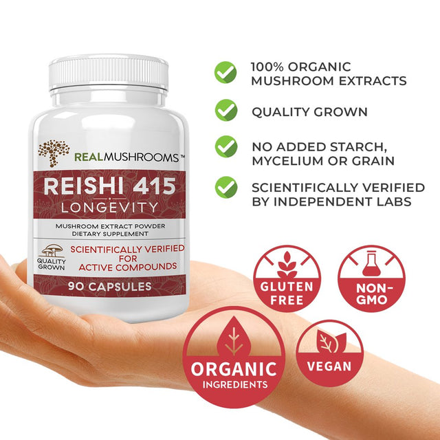 Real Mushrooms Reishi Mushroom Capsules for Longevity (90Ct) Vegan, Non-Gmo Reishi Extract, Reishi Mushroom Supplement for Relaxation, Better Sleep, Overall Wellness, Also Safe for Pets