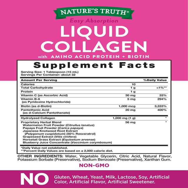 Nature'S Truth Liquid Collagen | 16 Oz | Non-Gmo, Gluten Free Supplement | Natural Berry Flavor | Collagen Peptide Formula for Women and Men