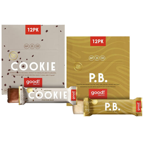 Good! Snacks Vegan Protein Bars Bundle, Cookie Dough & Peanut Butter (24 Bars) Gluten-Free, Plant Based, Low Sugar, High Protein Meal Replacement, Healthy Snacks for Energy, 15G Protein