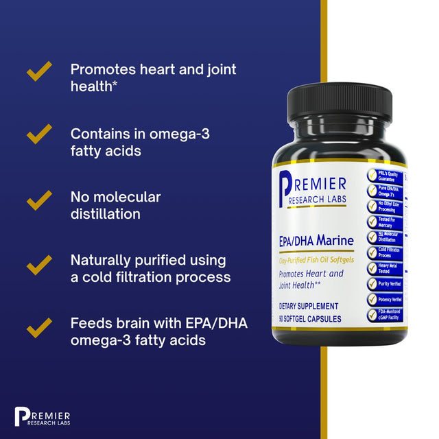 Premier Research Labs EPA/DHA Marine - Supports Heart, Joint & Cardiovascular Health - Fish Oil without Molecular Distillation - Naturally Purified with Cold Filtration - 90 Softgels Capsules