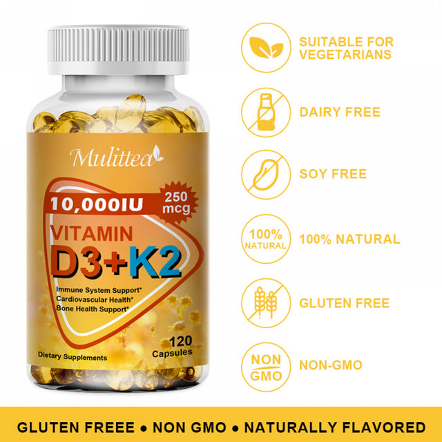 Mulittea 10,000IU 250Mcg Vitamin D3 + K2(Mk7) Softgel for Bone & Joint Health,Diet Supplement,60Ct