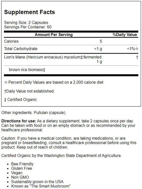 Lion'S Mane - Memory & Nerve Support with Organic Mushrooms (120 Vegetarian Capsules)