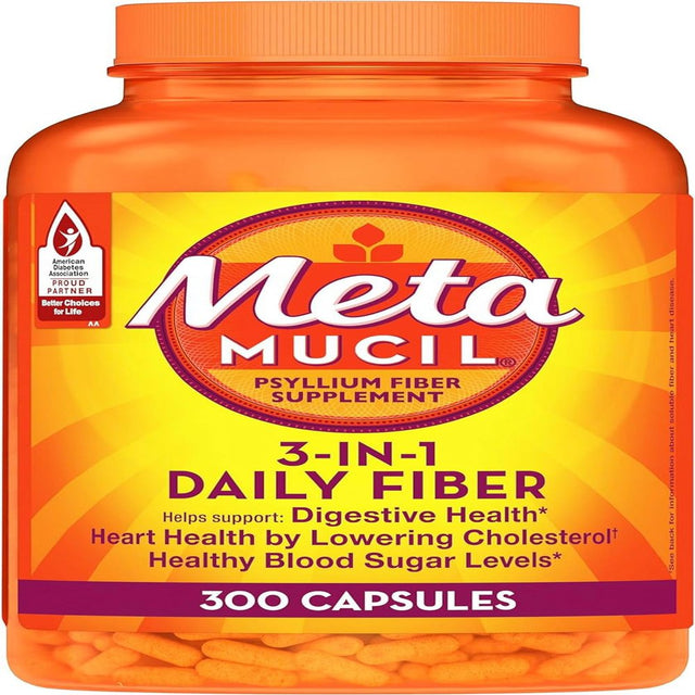 Metamucil, Daily Psyllium Husk Powder Supplement, 3-In-1 Fiber for Digestive Health, Plant Based Fiber, 300Ct Capsules (Packaging May Vary)