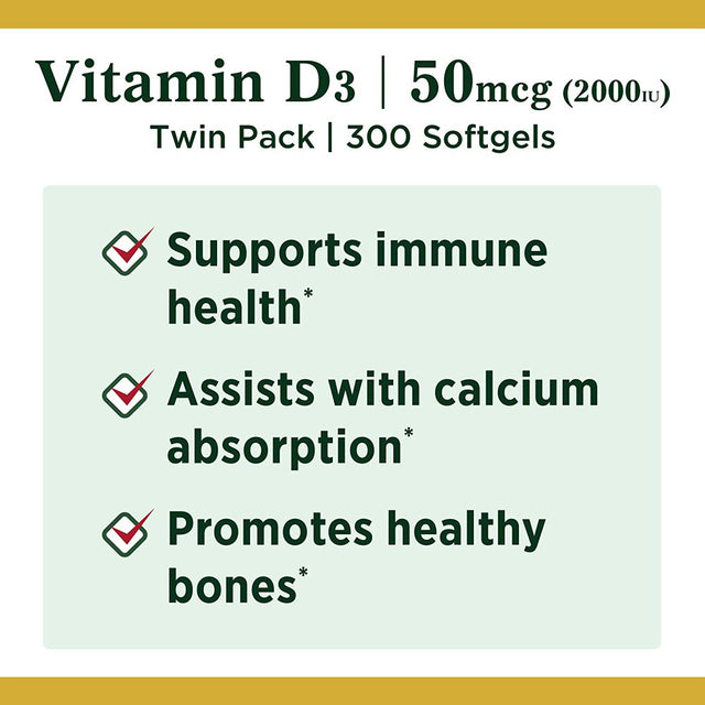 Nature'S Bounty Vitamin D3 Softgels, 50 Mcg, 2000 IU, 150 Ct, 2 Pack