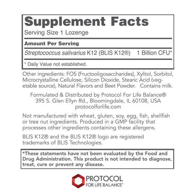 Protocol for Life Balance - E.N.T. Biotic BLIS K12 Probiotic - Promotes Healthy Oral Bacteria, Fresher Breath, Throat Health, and Immune Response Support - 60 Lozenges