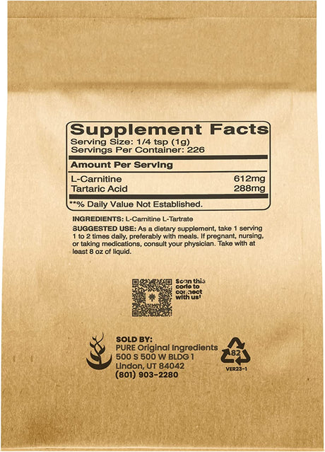 Pure Original Ingredients L-Carnitine L-Tartrate (8Oz) Powder, Amino Acid Supplement, Lab-Verified