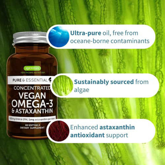 Pure & Essential Vegan Omega 3, High Concentration EPA DHA Algae Oil, Sustainable & Pure, plus Astaxanthin, 600Mg DHA & EPA for Heart, Brain & Eye Health, 60 Small Softgels