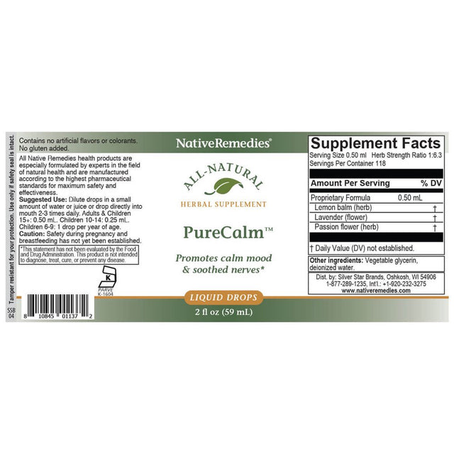 Nativeremedies Purecalm - All Natural Herbal Supplement Promotes Feelings of Calm during Times of Pressure, Stress or Nervous Tension - 59Ml