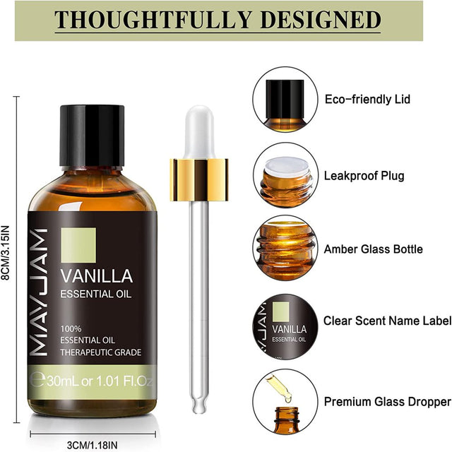 MAYJAM 30ML Vanilla Essential Oils for Aromatherapy & Diffuser, Hair & Skin Care, Massage, DIY Soap Candle Making, Fragrant and Long Lasting Vanilla Oil Perfume