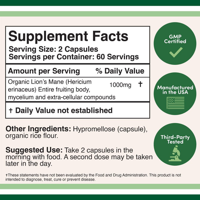 Lions Mane Mushroom Capsules (Two Month Supply - 120 Count) Organic and Vegan Supplement - Nootropic for Brain Health and Growth, Immune Booster, Made in the USA by Double Wood Supplements