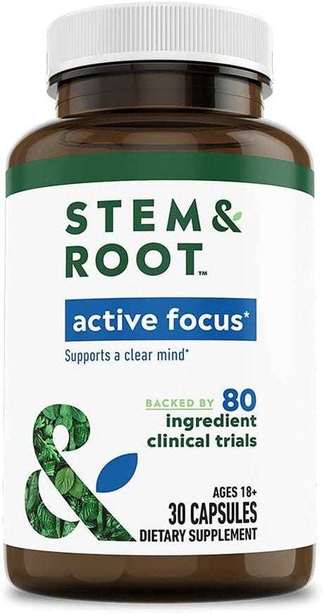 Stem & Root Active Focus Herbal Supplements with Caffeine, L-Theanine, & Ginseng to Support a Clear Mind, Improve Attention, Concentration, & Focus Capsules - 30 Ct