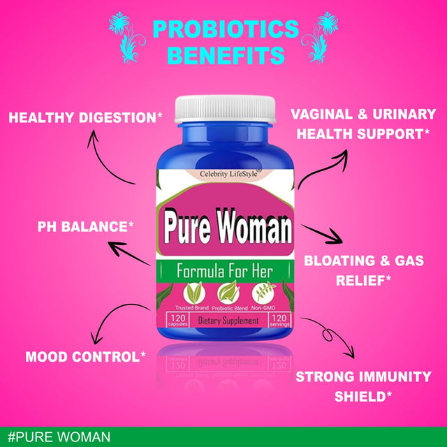 Pure Women Women’S Probiotic, 50 Billion CFU 16 Strains with Organic Prebiotics, Digestive Health Vaginal & Urinary Health Support, Shelf Stable 60 Capsules