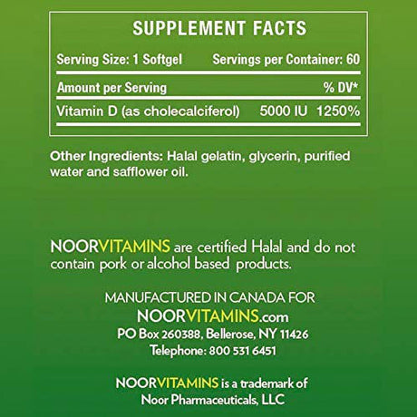 Noorvitamins Vitamin D3 5000 IU Softgels I Supports Bone, Immune, Heart & Mood Health I Pure Vitamin D from Safflower Oil to Maximize Absorption I All Natural, Non-Gmo, Gluten Free & Halal (60 Count)