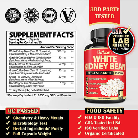 Pure White Kidney Bean Extract Capsules - 6 Herbal Ingredients 9050 Mg Equivalent - Support Carb Management, Starch Blocking with Coffee Bean & Green Tea - 90 Vegan Capsules for 3 Months