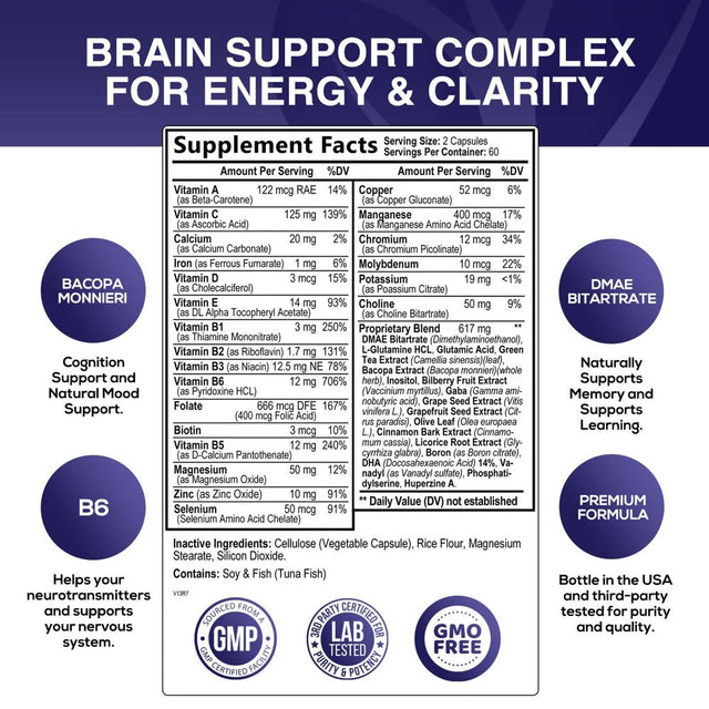 Nootropic Brain Supplement for Memory, Focus & Concentration | Cognitive Support Brain Booster Supplement with Phosphatidylserine & DMAE Bacopa | Brain Vitamins for Men & Women, Non-Gmo - 120 Capsules