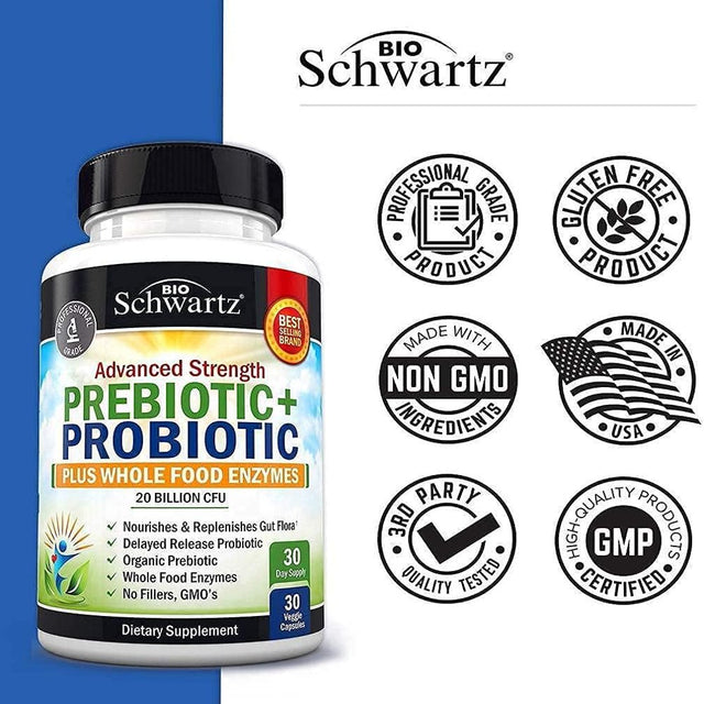 Bioschwartz Prebiotic + Probiotic plus Whole Food Enzymes | for Complete Digestive Support | 30 Ct