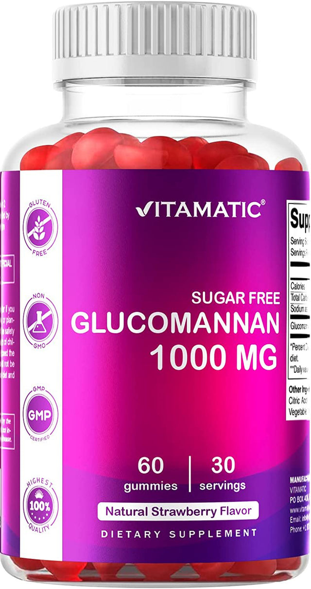 Vitamatic Sugar Free Glucomannan Gummies (Amorphophallus Konjac Root) - 1000Mg per Serving - Natural Strawberry Flavor - 60 Gummies