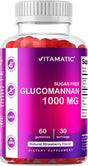 Vitamatic Sugar Free Glucomannan Gummies (Amorphophallus Konjac Root) - 1000Mg per Serving - Natural Strawberry Flavor - 60 Gummies