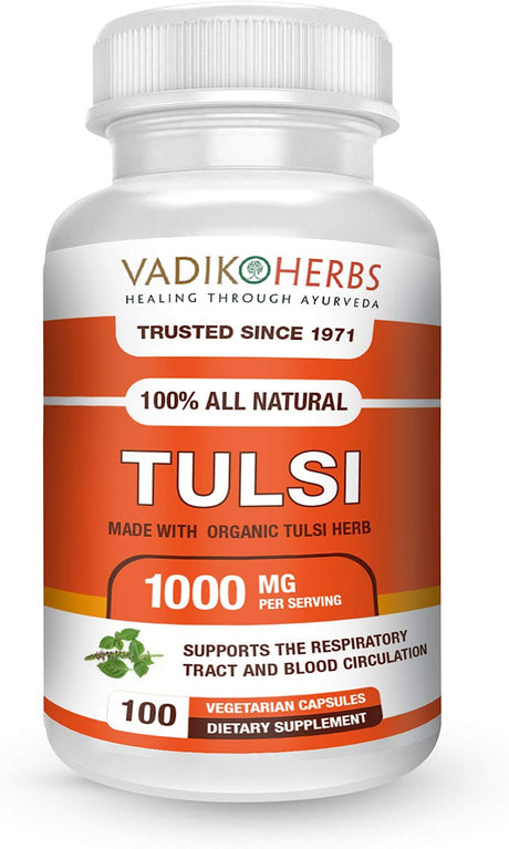 Vadik Herbs Tulsi (Holy Basil) Ultra Potency in a Pure Vegetarian Capsule. 1000 Mg/Dose. Supplement for Fighting Acne, Balances Hormones and Lowers Stress, Best Source of Vitamin K