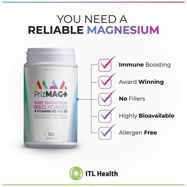 ITL Health MAG365 Prizmag plus Pure Magnesium Bisglycinate Pullulan Vegan Capsules | Including Vitamin K2 and D3 | Support Healthy, Normal Bones, Teeth and Nervous System | 90 Count