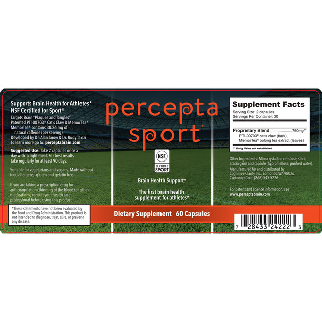 Percepta Sport Brain Supplement for Athletes - Natural Plant-Based Brain Health Supplement - Enhances Performance, Focus, Concentration, and Energy - 30 Day Supply