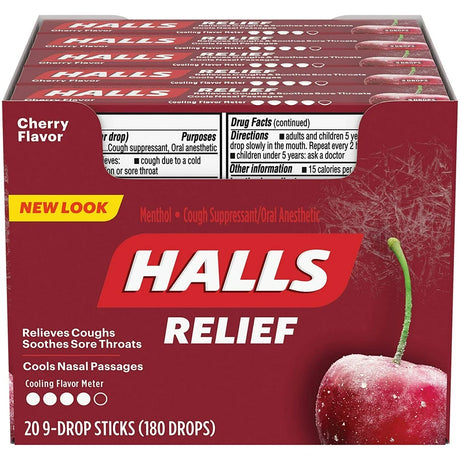 Halls Cherry Cough Drops - with Menthol - 180 Drops (20 Sticks of 9 Drops)