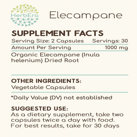 Elecampane 60 Capsules, 500 Mg, Organic Elecampane (Inula Helenium) Dried Root