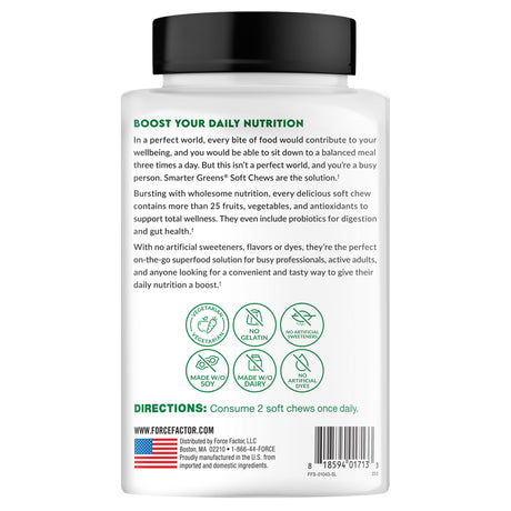 Force Factor Smarter Greens Soft Chews, Greens Superfoods Supplement, Summer Berry, 60 Soft Chews