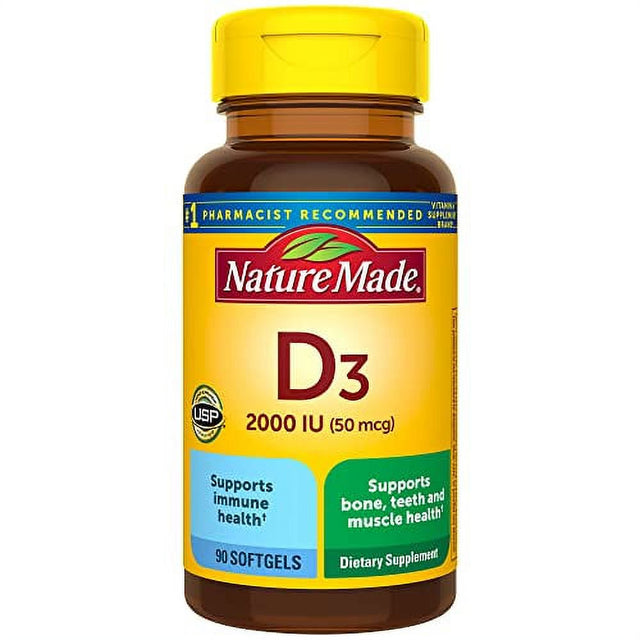 Nature Made Vitamin D3 2000 IU (50 Mcg), Dietary Supplement for Bone, Teeth, Muscle and Immune Health Support, 90 Softgels, 90 Day Supply