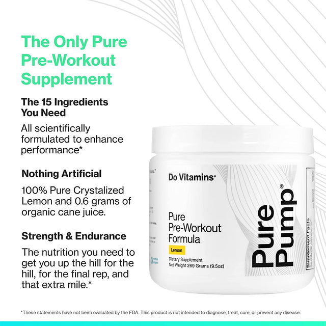 Purepump - All-Natural Clean Preworkout Powder, Boost Energy, Focus, NO Pumps, Endurance, Keto, Vegan, Non-Gmo, Third-Party Tested, Citrulline, Beta Alanine, Lemon Flavor (30 Servings)