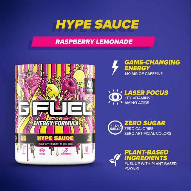 Hype Sauce Energy Powder, Sugar Free, Clean Caffeine Focus Supplement, Water Mix, Raspberry Lemonade Flavor, Focus Amino, Vitamin + Antioxidants Blend, 9.8 Oz (40 Servings)