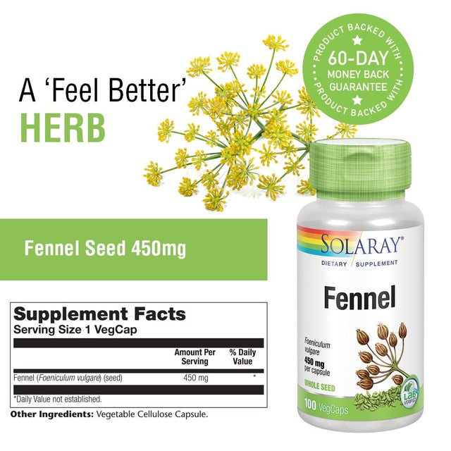 Solaray Fennel Seed 450Mg | May Help Support Healthy Digestion, Fresh Breath, Respiratory Function | Non-Gmo | Vegan | Lab Verified | 100 Vegcaps