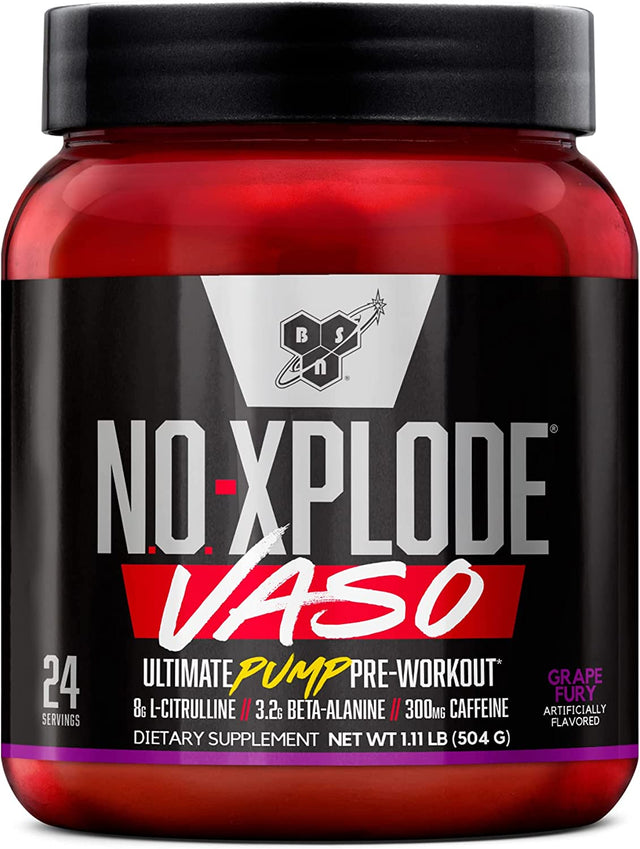 BSN N.O.-XPLODE Vaso Pre Workout Powder with 8G of L-Citulline and 3.2G Beta-Alanine and Energy, Flavor: Grape Fury, 24 Servings