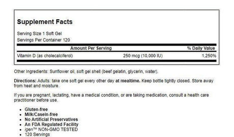 Carlson Vitamin D3 10000 IU Softgels, 120 Ct