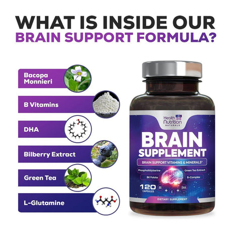 Brain Supplement for Memory & Focus - Nootropics for Concentration & Energy - 60 Capsules