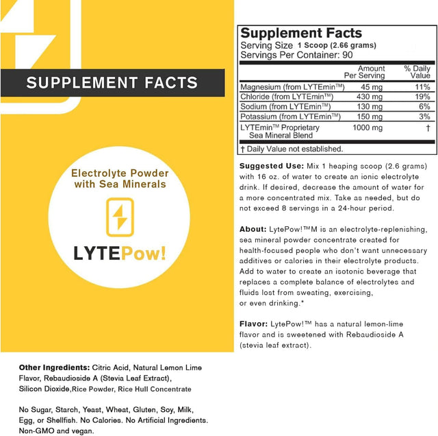 Lytepow Electrolytes Powder with Sea Minerals - Lemon-Lime Hydration Supplement - 90 Servings - Non-Gmo, No Calories, or Sugar - Delicious Keto Replenishment Drink Mix - Perfect for Exercising