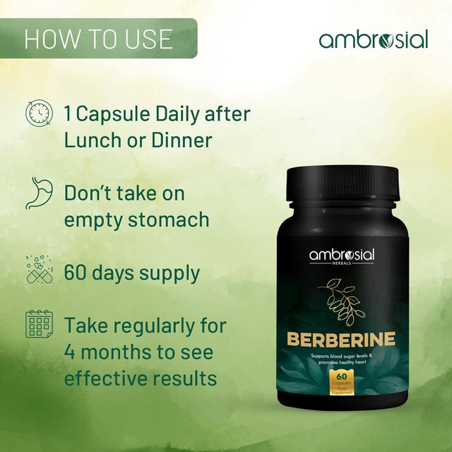 Ambrosial Berberine HCL 500Mg EACH Capsule| Premium Herbal Diabetes Care Tablets (Pack of 1-60 Capsules)