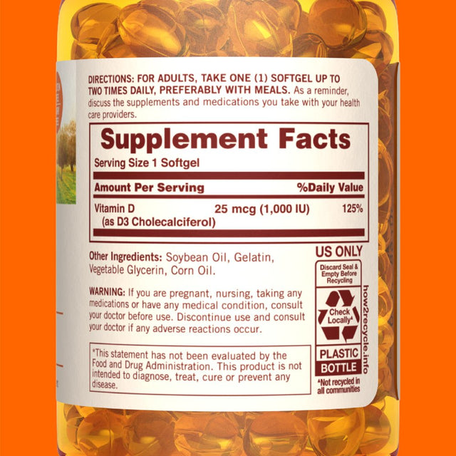 Sundown Vitamin D3 1000 IU, Supports Bone, Teeth, and Immune Health, 200 Softgels