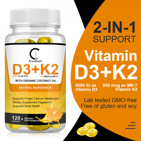 (2 Pack)Gpgp Vitamin D3 5000 IU + K2 (200Mcg MK7) Supplement for Bone and Heart Health, Immune Support, 240 Softgels